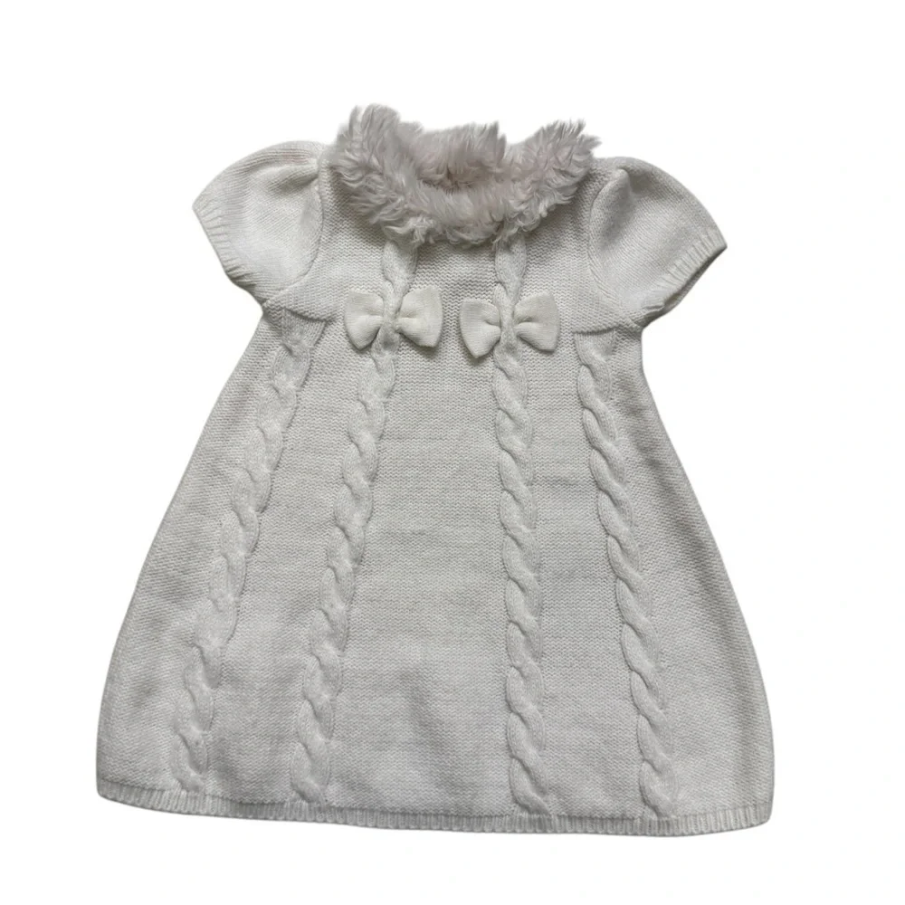 Gymboree white Cable Knit Dress Short Sleeve Faux Fur Collar Baby Girl 6-12M